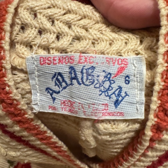 Vintage Mexican Knit Cardinal Bird Fringe Pullover Poncho Cream Red 70s Boho Fun - Picture 3 of 8